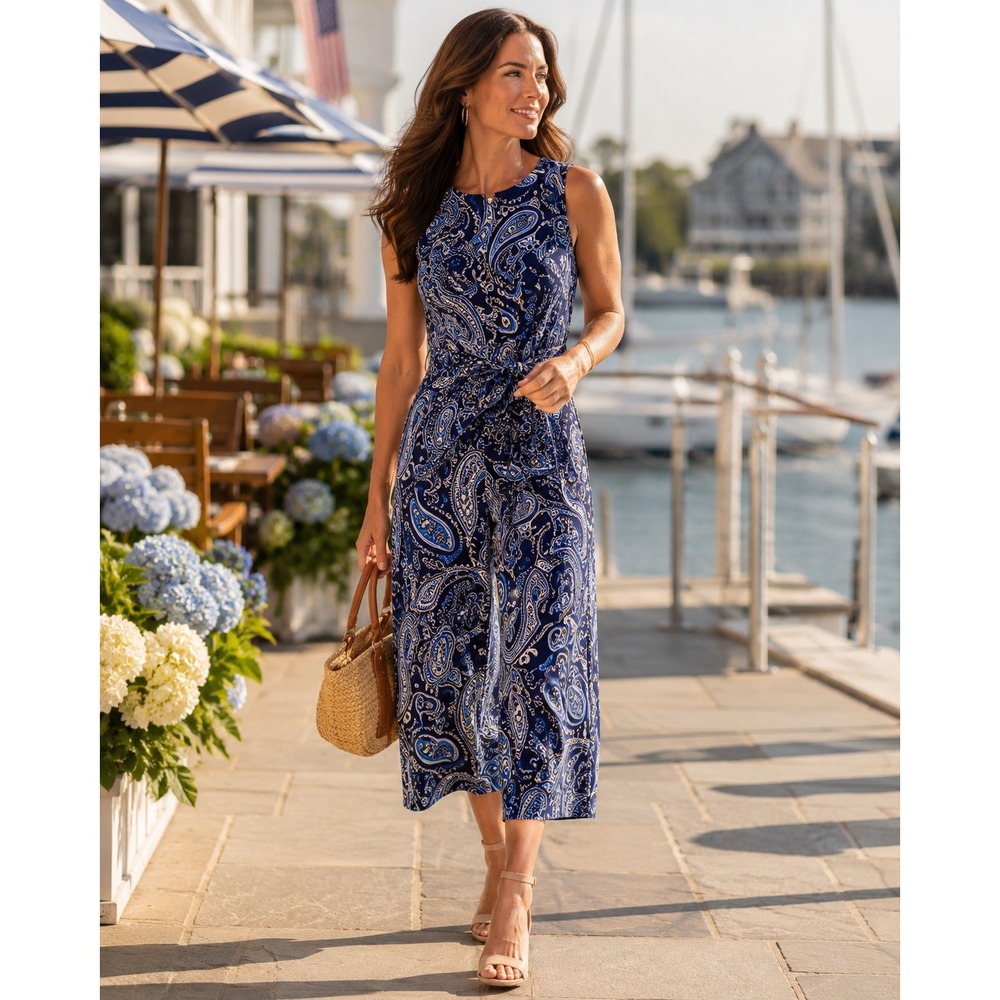 Tommy Hilfiger NWT Blue Paisley Belted Cropped Wide Leg Jumpsuit Sz 8 Resortwear